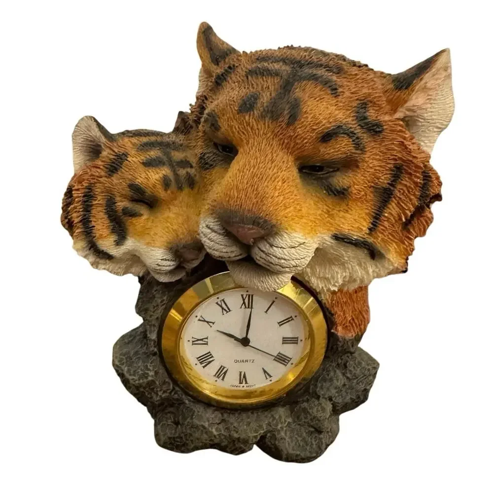 Vintage Miniature Desk Clock Quartz Tiger Mother & Cub Westland Giftware 2002